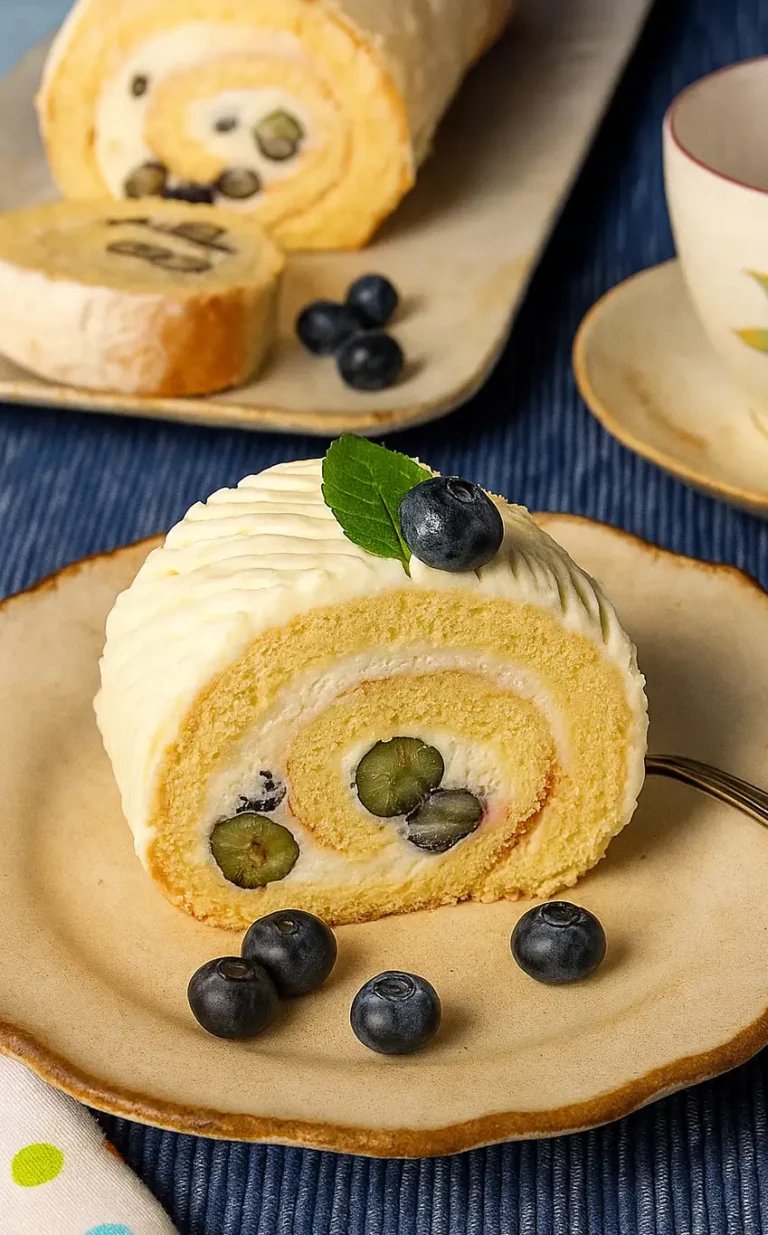 Biskuitrolle mit Heidelbeeren